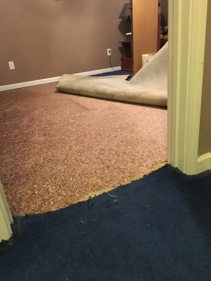 Carpet pad removal revealing water damage during Water Mitigation Services in Great Bend